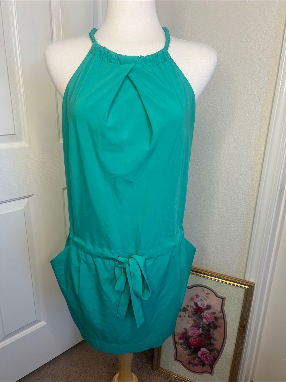 Women's Teal Halter Low Tie-Waist Dress